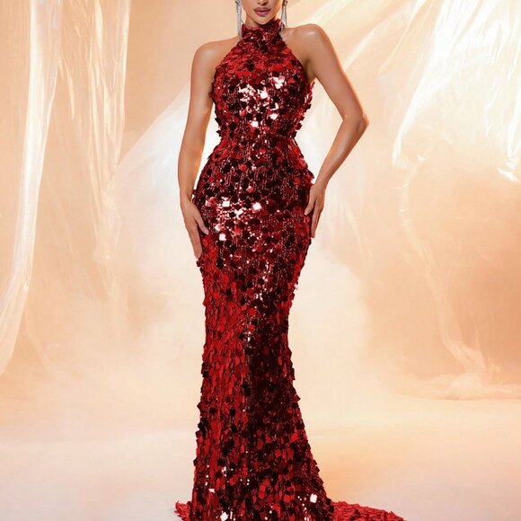 Red Sexy Women's Sleeveless Sequin Evening Maxi Gown